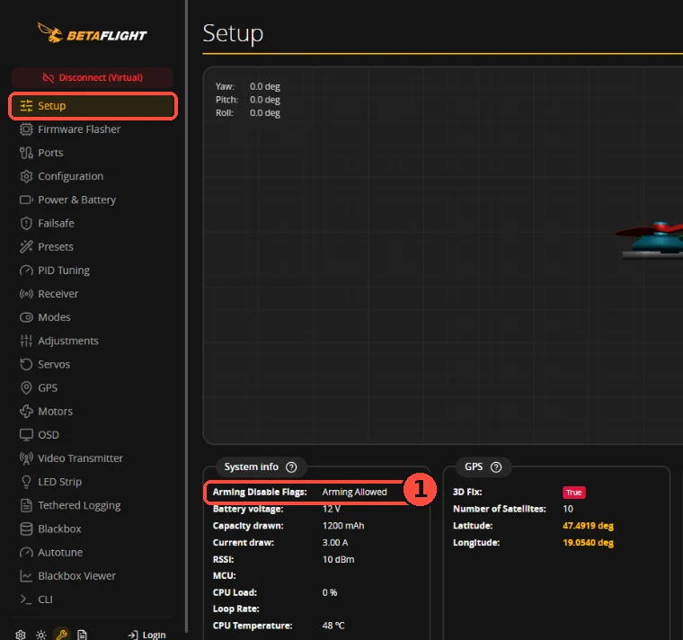 Betaflight App 2026.6.2「設定」頁(左側選單 Setup):① Arming Disable Flags 欄位,不能解鎖的原因會列在這裡。此圖是沒接飛控的虛擬模式,所以顯示 Arming Allowed(允許解鎖);接上實機時這裡會列出實際原因,而且只要 App 連著,至少會有 MSP。