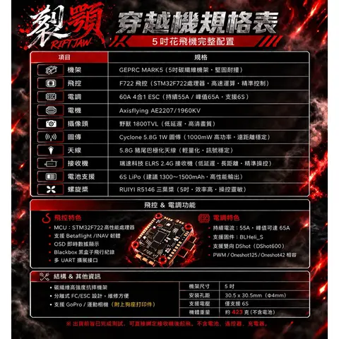 裂顎 RIFT JAW 5吋穿越機 6S花飛機 FPV穿越機 F722 60A ELRS2.4G 花飛專用（細節圖 2）