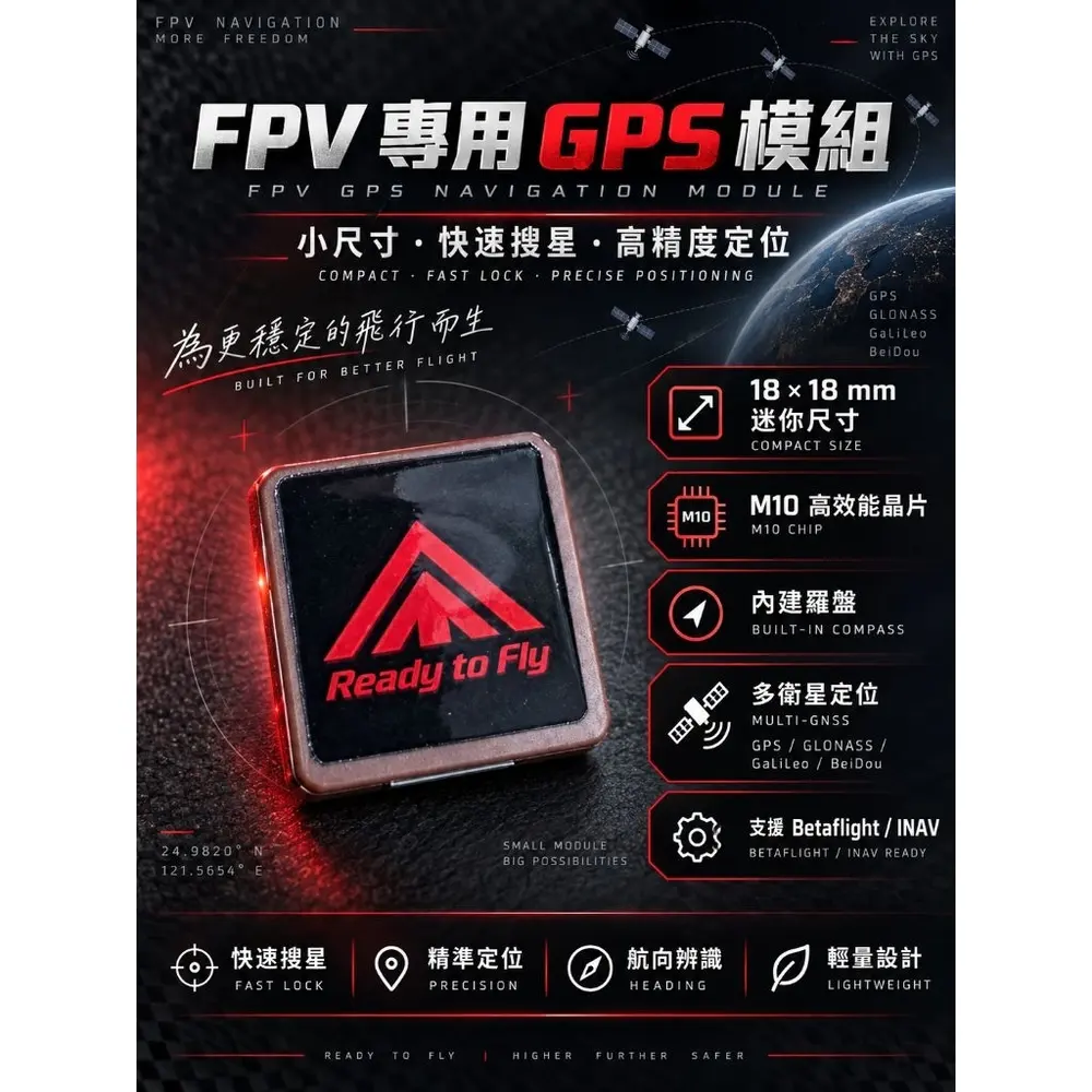 FPV GPS 模組 M10 18x18mm 內建羅盤 電翼動力 Betaflight 穿越機 定位返航 GPS(主圖)