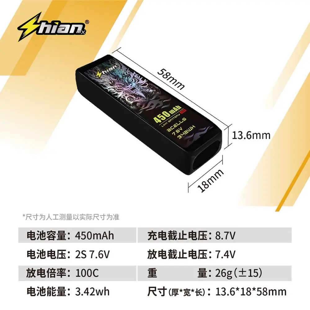 十安X電翼動力 高壓競速電池 1S/2S 450mAh 100C Tinywhoop/FPV穿越機專用 電競級動力電池(主圖)